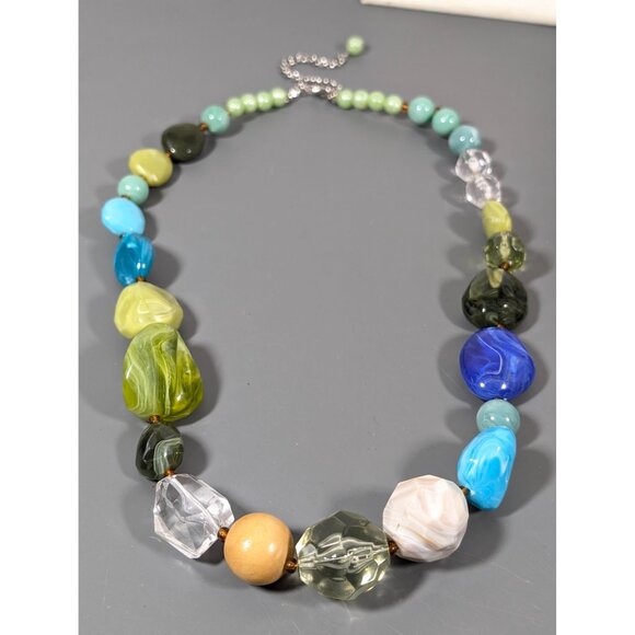 Boho Coastal Blue Green Chunky Bead Statement Necklace 28 in - Picture 2 of 9